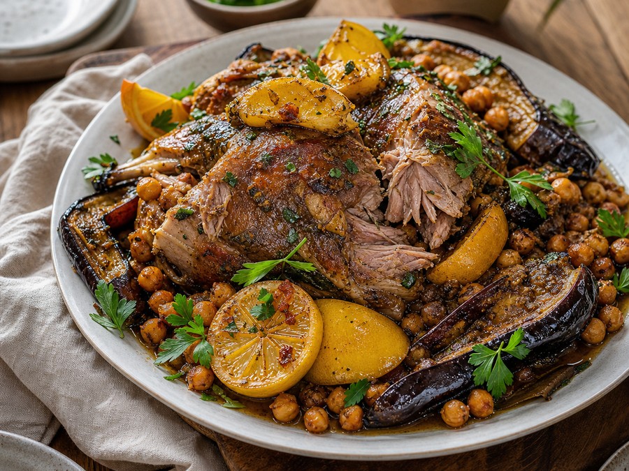 Épaule d’agneau aux citrons confits, pois chiches croustillants et aubergines brûlées
