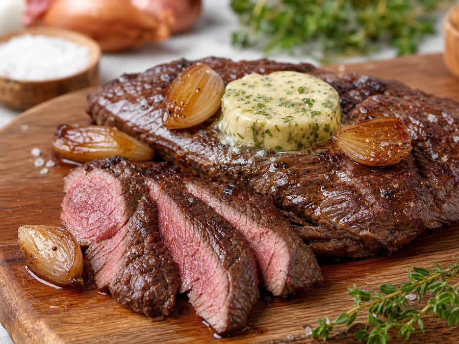 Onglet de bœuf, échalotes confites