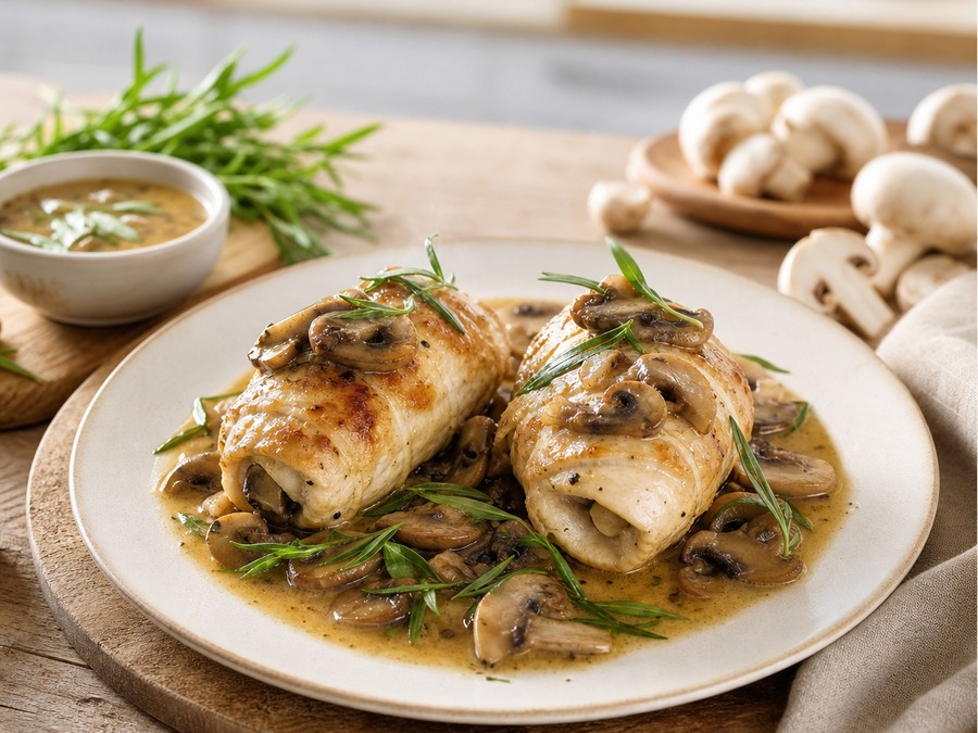 Paupiettes de volaille aux champignons, jus à l’estragon