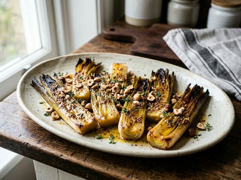 Poireaux rôtis, vinaigrette à la moutarde