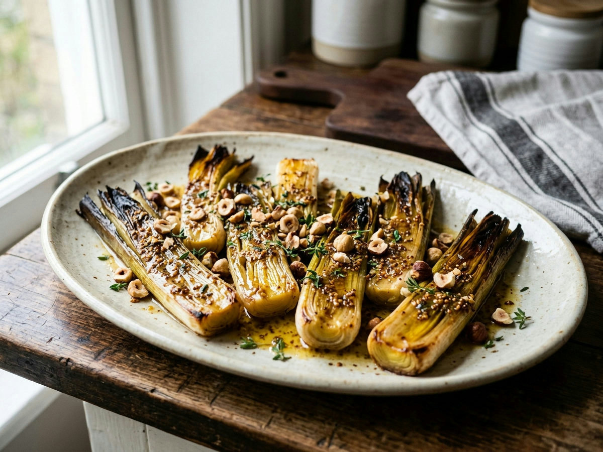 Poireaux rôtis, vinaigrette à la moutarde
